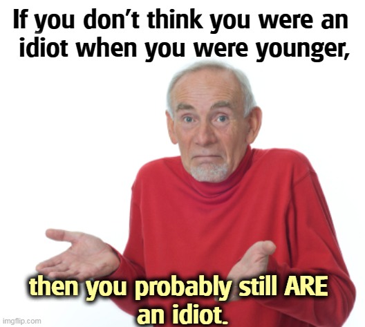 Wisdom | If you don't think you were an 
idiot when you were younger, then you probably still ARE 
an idiot. | image tagged in guess i'll die,young,idiot,wise man | made w/ Imgflip meme maker