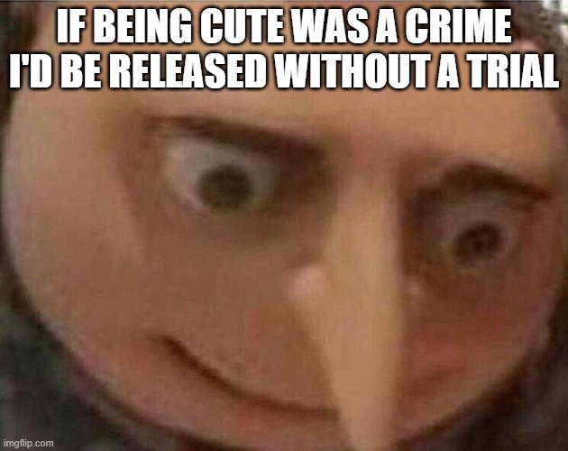 gru meme | IF BEING CUTE WAS A CRIME I'D BE RELEASED WITHOUT A TRIAL | image tagged in gru meme | made w/ Imgflip meme maker