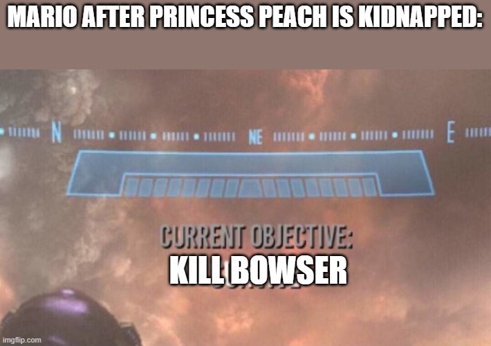 Current Objective: Survive | MARIO AFTER PRINCESS PEACH IS KIDNAPPED:; KILL BOWSER | image tagged in current objective survive | made w/ Imgflip meme maker
