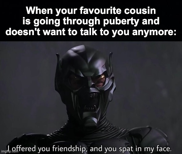 so sad | When your favourite cousin is going through puberty and doesn't want to talk to you anymore: | image tagged in memes,unfunny | made w/ Imgflip meme maker