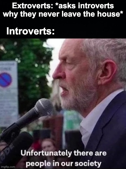 What a shame! | Extroverts: *asks introverts why they never leave the house*; Introverts: | image tagged in memes,unfunny | made w/ Imgflip meme maker