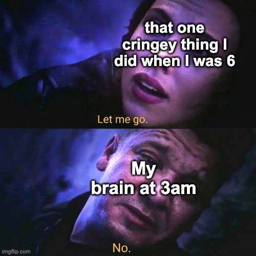 LET ME SLEEP | that one cringey thing I did when I was 6; My brain at 3am | image tagged in let me go no,memes,unfunny | made w/ Imgflip meme maker