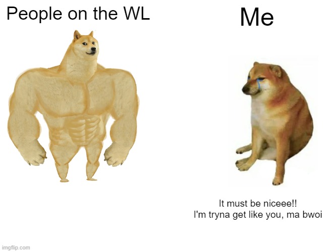 Whitelist | People on the WL; Me; It must be niceee!!
I'm tryna get like you, ma bwoi | image tagged in memes,buff doge vs cheems,nft | made w/ Imgflip meme maker