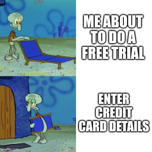 Credit card details | ME ABOUT TO DO A FREE TRIAL; ENTER CREDIT CARD DETAILS | image tagged in squidward chair | made w/ Imgflip meme maker