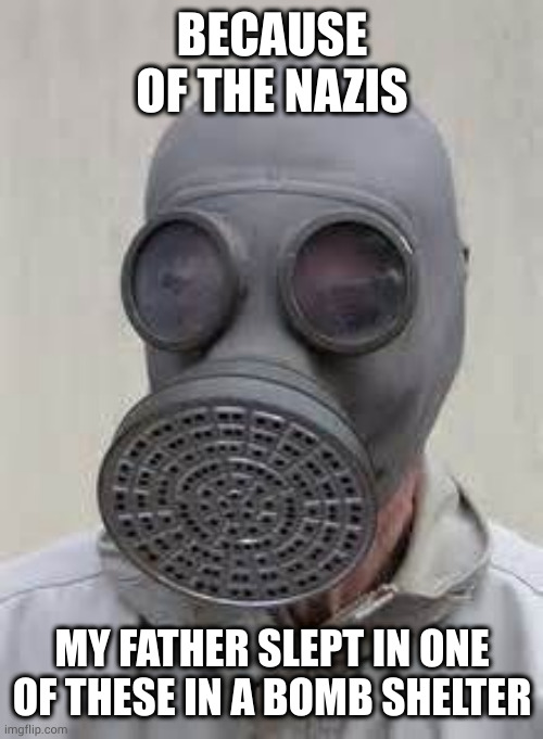 Gas mask | BECAUSE OF THE NAZIS MY FATHER SLEPT IN ONE OF THESE IN A BOMB SHELTER | image tagged in gas mask | made w/ Imgflip meme maker