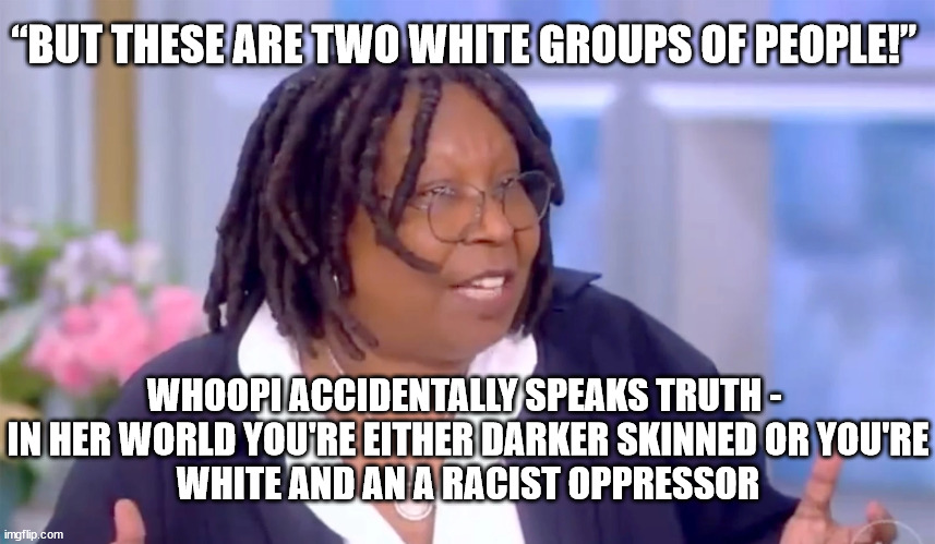 You're White! | “BUT THESE ARE TWO WHITE GROUPS OF PEOPLE!”; WHOOPI ACCIDENTALLY SPEAKS TRUTH - 
IN HER WORLD YOU'RE EITHER DARKER SKINNED OR YOU'RE
 WHITE AND AN A RACIST OPPRESSOR | image tagged in whoopi goldberg,jews,you're ain't black,holocaust | made w/ Imgflip meme maker