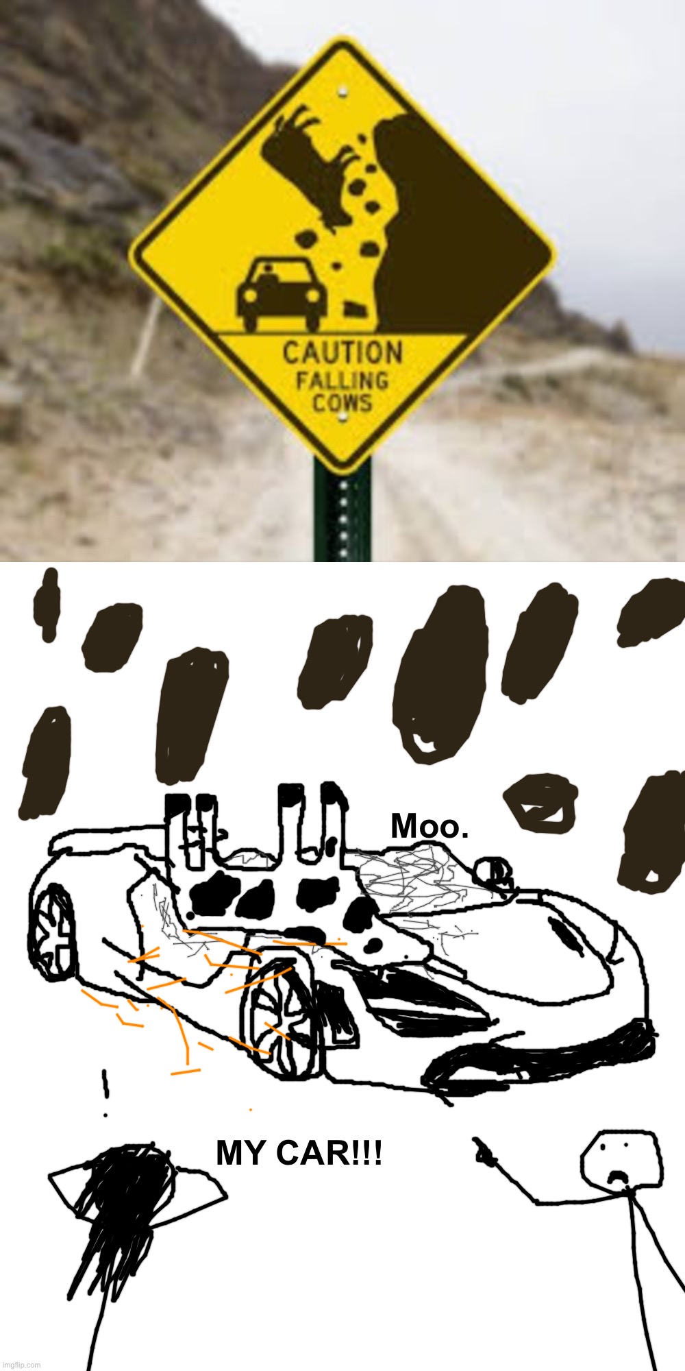 So I tried to draw like Blaziken... But anyways, I didn't know cows fall on people's cars... |  Moo. MY CAR!!! | image tagged in memes,blank transparent square,funny,funny memes,you had one job,drawing | made w/ Imgflip meme maker