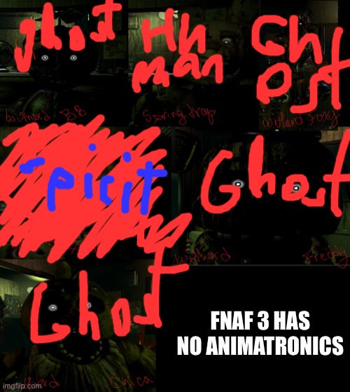 Fnaf 3 has no animatronics. | FNAF 3 HAS NO ANIMATRONICS | image tagged in fnaf 3 | made w/ Imgflip meme maker