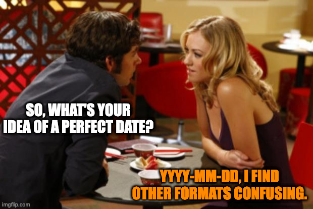 Date | SO, WHAT'S YOUR IDEA OF A PERFECT DATE? YYYY-MM-DD, I FIND OTHER FORMATS CONFUSING. | image tagged in date | made w/ Imgflip meme maker