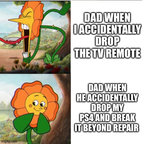 No title | DAD WHEN I ACCIDENTALLY DROP THE TV REMOTE; DAD WHEN HE ACCIDENTALLY DROP MY PS4 AND BREAK IT BEYOND REPAIR | image tagged in cuphead flower,dad | made w/ Imgflip meme maker