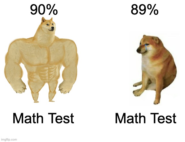 Buff Doge vs. Cheems | 90%; 89%; Math Test; Math Test | image tagged in memes,buff doge vs cheems | made w/ Imgflip meme maker