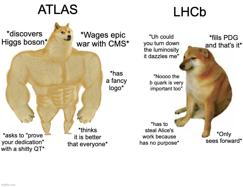ATLAS vs LHCb at CERN | ATLAS; LHCb; *discovers Higgs boson*; *Wages epic war with CMS*; "Uh could you turn down the luminosity it dazzles me"; *fills PDG and that's it*; *has a fancy logo*; "Noooo the b quark is very important too"; *has to steal Alice's work because has no purpose*; *Only sees forward*; *thinks it is better that everyone*; *asks to "prove your dedication" with a shitty QT* | image tagged in buff doge vs cheems,cern,particle,physics,lhc,nuclear | made w/ Imgflip meme maker
