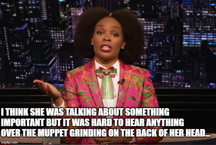 Visual distractions..... | I THINK SHE WAS TALKING ABOUT SOMETHING IMPORTANT BUT IT WAS HARD TO HEAR ANYTHING OVER THE MUPPET GRINDING ON THE BACK OF HER HEAD... | image tagged in amber ruffin,muppets | made w/ Imgflip meme maker