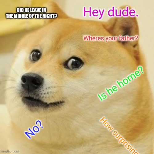 Doge roasts a dream stan | DID HE LEAVE IN THE MIDDLE OF THE NIGHT? Hey dude. Wheres your father? Is he home? No? How surprising | image tagged in memes,doge | made w/ Imgflip meme maker