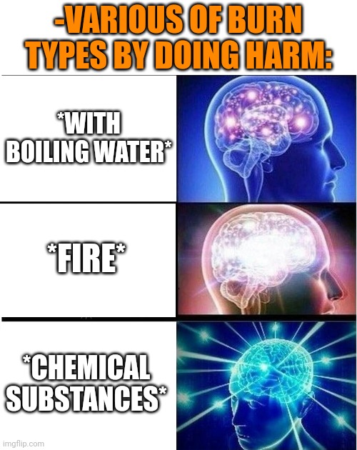 -Skin away. | -VARIOUS OF BURN TYPES BY DOING HARM:; *WITH BOILING WATER*; *FIRE*; *CHEMICAL SUBSTANCES* | image tagged in expanding brain 3 panels,mr burns,my chemical romance,the boiler room of hell,wings of fire,typewriter | made w/ Imgflip meme maker