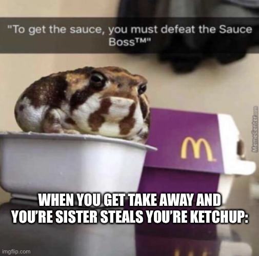 Mc Frog | WHEN YOU GET TAKE AWAY AND YOU’RE SISTER STEALS YOU’RE KETCHUP: | image tagged in mc frog | made w/ Imgflip meme maker