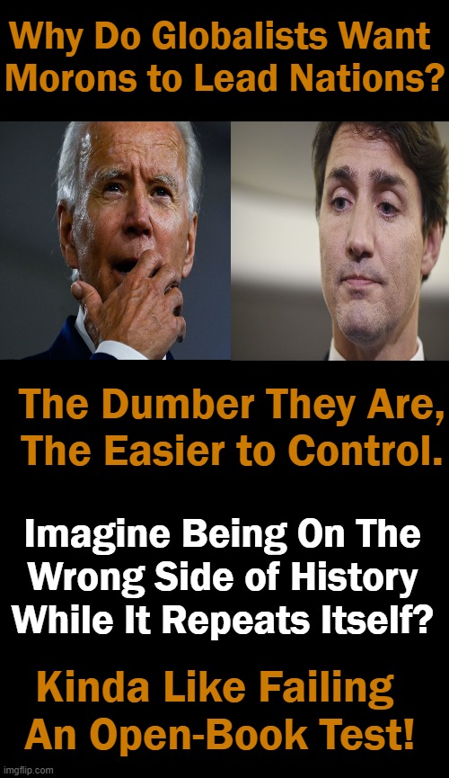 Refuse to Repeat History |  Why Do Globalists Want 
Morons to Lead Nations? The Dumber They Are,
The Easier to Control. Imagine Being On The 
Wrong Side of History 
While It Repeats Itself? Kinda Like Failing 
An Open-Book Test! | image tagged in politics,joe biden,justin trudeau,morons,control,history | made w/ Imgflip meme maker