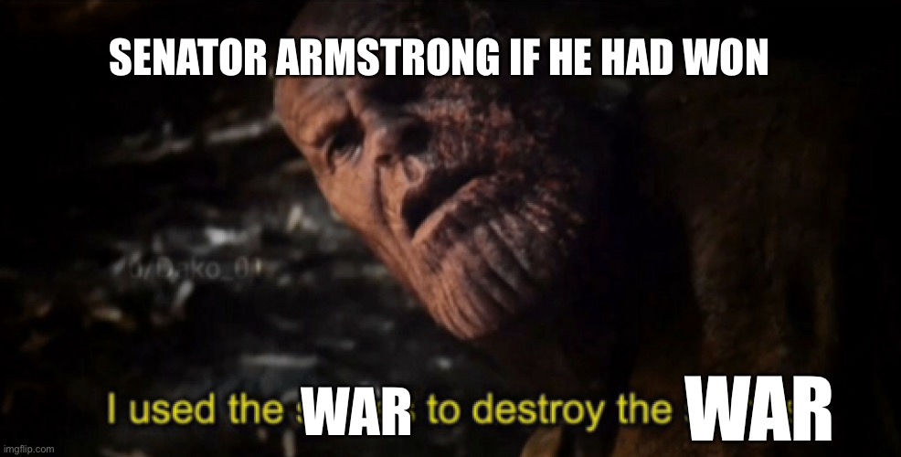 I used the stones to destroy the stones | SENATOR ARMSTRONG IF HE HAD WON; WAR; WAR | image tagged in i used the stones to destroy the stones | made w/ Imgflip meme maker