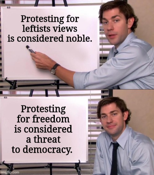 You're considered a threat if you stand up to the left. | Protesting for leftists views is considered noble. Protesting for freedom is considered a threat to democracy. | image tagged in memes | made w/ Imgflip meme maker