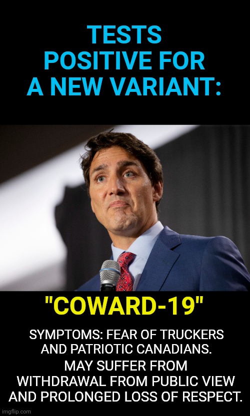 "COWARD-19" | TESTS POSITIVE FOR A NEW VARIANT:; "COWARD-19"; SYMPTOMS: FEAR OF TRUCKERS AND PATRIOTIC CANADIANS. MAY SUFFER FROM WITHDRAWAL FROM PUBLIC VIEW AND PROLONGED LOSS OF RESPECT. | image tagged in coward,justin trudeau,hiding | made w/ Imgflip meme maker