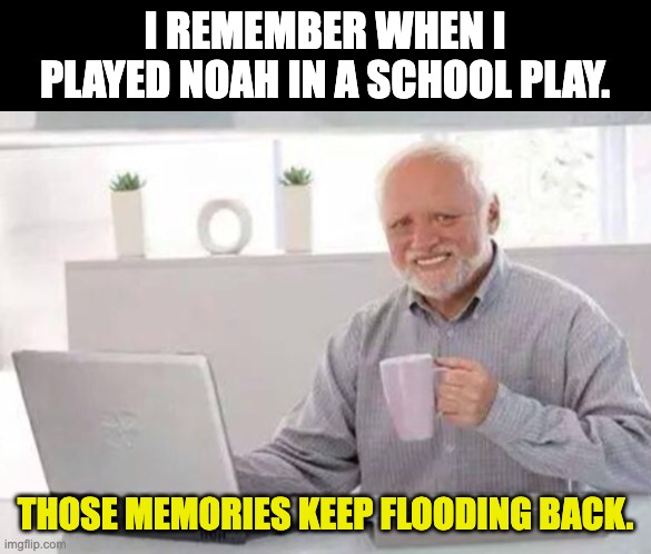 Noah | I REMEMBER WHEN I PLAYED NOAH IN A SCHOOL PLAY. THOSE MEMORIES KEEP FLOODING BACK. | image tagged in harold | made w/ Imgflip meme maker