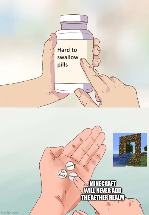 Hard To Swallow Pills Meme | MINECRAFT WILL NEVER ADD THE AETHER REALM | image tagged in memes,hard to swallow pills | made w/ Imgflip meme maker