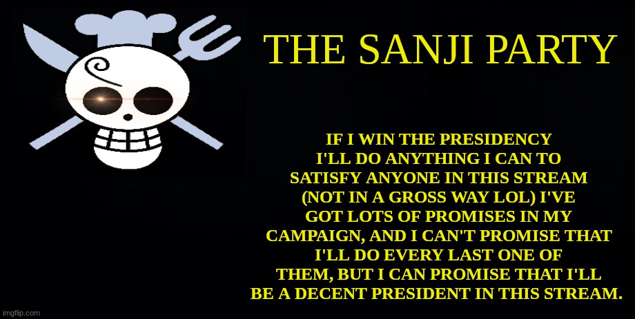 vote for me | IF I WIN THE PRESIDENCY I'LL DO ANYTHING I CAN TO SATISFY ANYONE IN THIS STREAM (NOT IN A GROSS WAY LOL) I'VE GOT LOTS OF PROMISES IN MY CAMPAIGN, AND I CAN'T PROMISE THAT I'LL DO EVERY LAST ONE OF THEM, BUT I CAN PROMISE THAT I'LL BE A DECENT PRESIDENT IN THIS STREAM. | image tagged in the sanji party | made w/ Imgflip meme maker