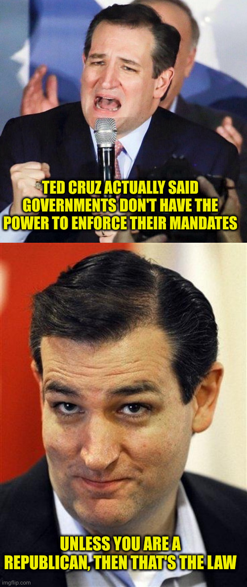 And the idiot base cheers because it's easier than looking up the meaning of hypocrisy | TED CRUZ ACTUALLY SAID GOVERNMENTS DON'T HAVE THE POWER TO ENFORCE THEIR MANDATES; UNLESS YOU ARE A REPUBLICAN, THEN THAT'S THE LAW | image tagged in ted cruz singing,bashful ted cruz | made w/ Imgflip meme maker