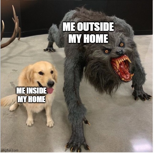 gotta tame the dog |  ME OUTSIDE MY HOME; ME INSIDE MY HOME | image tagged in dog and werewolf | made w/ Imgflip meme maker