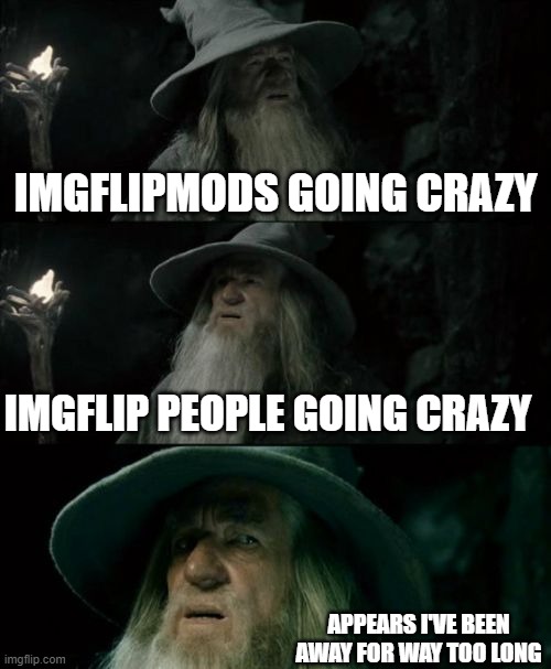 I've been away cause the world has gone mad. | IMGFLIPMODS GOING CRAZY; IMGFLIP PEOPLE GOING CRAZY; APPEARS I'VE BEEN AWAY FOR WAY TOO LONG | image tagged in memes,confused gandalf | made w/ Imgflip meme maker