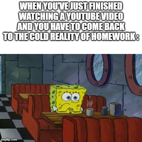 A clever and original title ! ! ! | WHEN YOU'VE JUST FINISHED WATCHING A YOUTUBE VIDEO AND YOU HAVE TO COME BACK TO THE COLD REALITY OF HOMEWORK : | image tagged in homework,reality,sad spongebob,sad | made w/ Imgflip meme maker