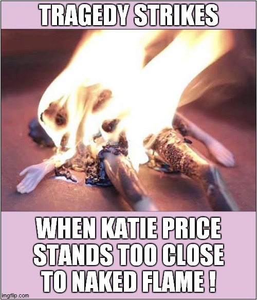 Silicon Parts Were Made For Toys ! | TRAGEDY STRIKES; WHEN KATIE PRICE
 STANDS TOO CLOSE 
TO NAKED FLAME ! | image tagged in katie price,plastic,self combustion,dark humour | made w/ Imgflip meme maker
