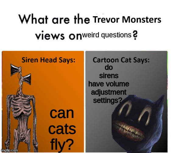 ok so i know cats can fly, but...do sirens have an adjustable volumes? | weird questions; do sirens have volume adjustment settings? can cats fly? | image tagged in trevor monsters views | made w/ Imgflip meme maker