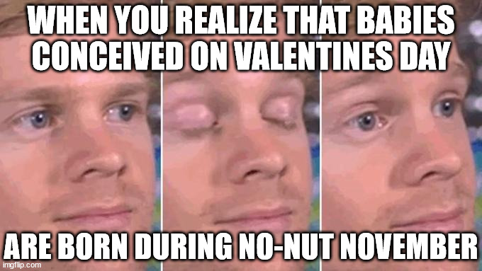 WHEN YOU REALIZE THAT BABIES CONCEIVED ON VALENTINES DAY; ARE BORN DURING NO-NUT NOVEMBER | image tagged in valentines day,no nut november,the first person to,the first person to surprised,surprised,wtf | made w/ Imgflip meme maker