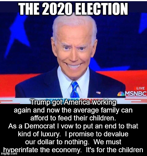 The Democrat plan to Build Back Better is to lower America down to 3rd world status.  Redistribution of misery. | THE 2020 ELECTION; Trump got America working again and now the average family can afford to feed their children.
As a Democrat I vow to put an end to that kind of luxury.  I promise to devalue our dollar to nothing.  We must hyperinfate the economy.  It's for the children | image tagged in joe biden,the great reset,the end of the dollar | made w/ Imgflip meme maker