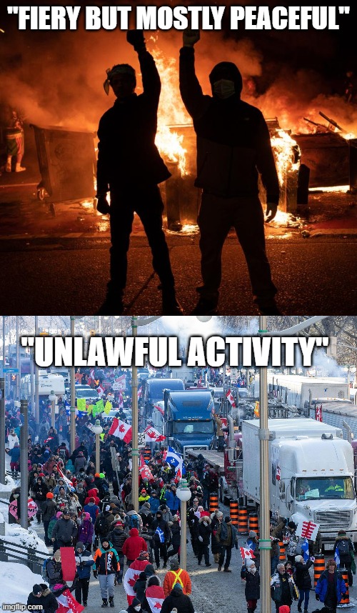 "FIERY BUT MOSTLY PEACEFUL"; "UNLAWFUL ACTIVITY" | made w/ Imgflip meme maker