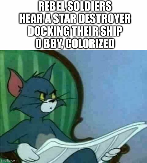 stop, look, what’s that sound? | REBEL SOLDIERS HEAR A STAR DESTROYER DOCKING THEIR SHIP
0 BBY, COLORIZED | image tagged in tom cat wtf | made w/ Imgflip meme maker