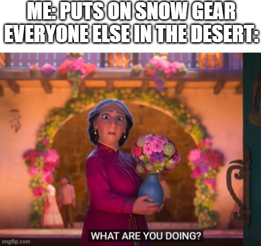What are you doing? | ME: PUTS ON SNOW GEAR
EVERYONE ELSE IN THE DESERT: | image tagged in what are you doing,encanto | made w/ Imgflip meme maker