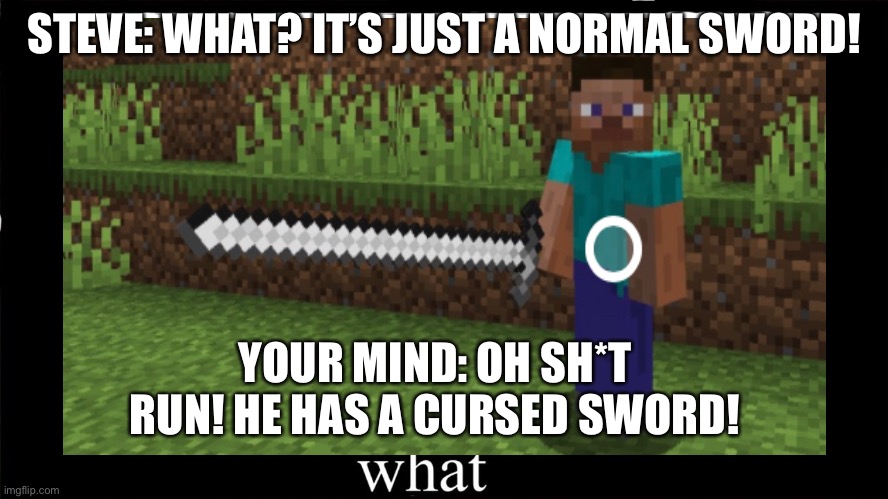 STEVE: WHAT? IT’S JUST A NORMAL SWORD! YOUR MIND: OH SH*T RUN! HE HAS A CURSED SWORD! | image tagged in fun,wait what | made w/ Imgflip meme maker
