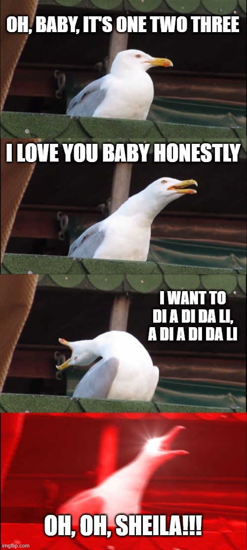 Ready for the World | OH, BABY, IT'S ONE TWO THREE; I LOVE YOU BABY HONESTLY; I WANT TO DI A DI DA LI, A DI A DI DA LI; OH, OH, SHEILA!!! | image tagged in memes,inhaling seagull | made w/ Imgflip meme maker