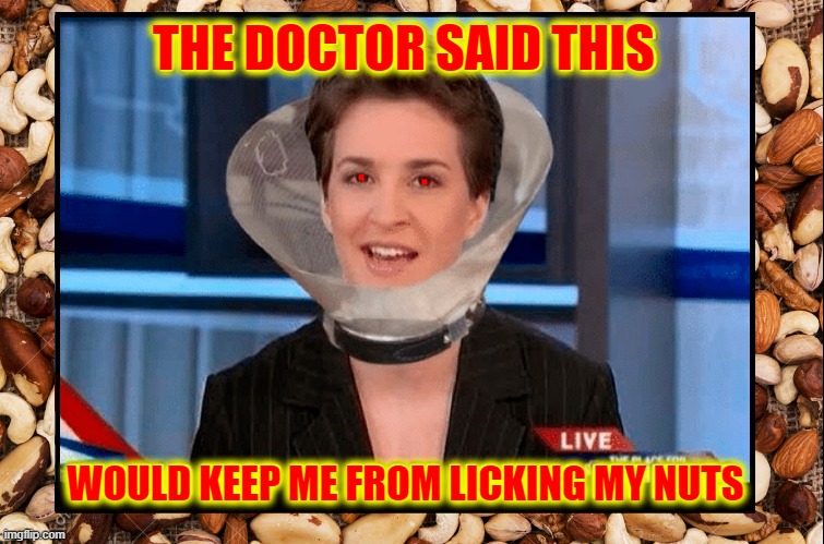 Rachel Madcow | THE DOCTOR SAID THIS; WOULD KEEP ME FROM LICKING MY NUTS | image tagged in vince vance,rachel maddow,memes,msnbc,dog collar,nuts | made w/ Imgflip meme maker