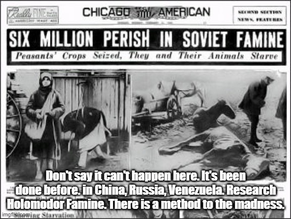 Headline | Don't say it can't happen here. It's been done before. in China, Russia, Venezuela. Research Holomodor Famine. There is a method to the madness. | image tagged in holodomor | made w/ Imgflip meme maker