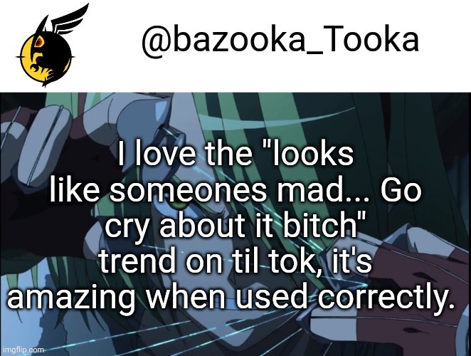 Bazookas akame ga kill temp #1 | I love the "looks like someones mad... Go cry about it bitch" trend on til tok, it's amazing when used correctly. | image tagged in bazookas akame ga kill temp 1 | made w/ Imgflip meme maker