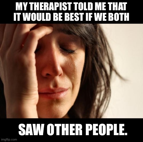 Therapist | MY THERAPIST TOLD ME THAT IT WOULD BE BEST IF WE BOTH; SAW OTHER PEOPLE. | image tagged in memes,first world problems | made w/ Imgflip meme maker