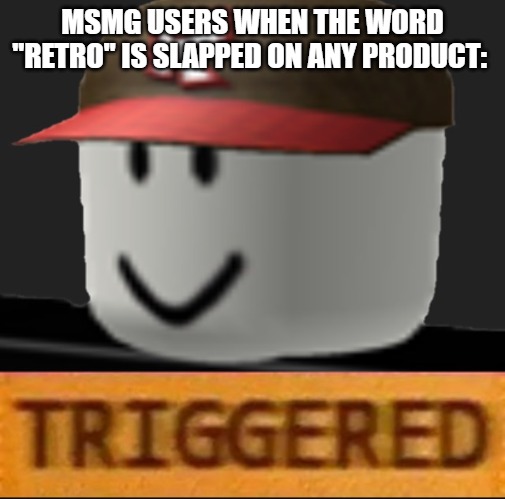 Roblox Triggered | MSMG USERS WHEN THE WORD "RETRO" IS SLAPPED ON ANY PRODUCT: | image tagged in roblox triggered | made w/ Imgflip meme maker