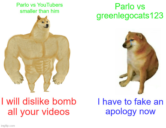 I'm posting this on my Twitter | Parlo vs YouTubers
smaller than him; Parlo vs
greenlegocats123; I will dislike bomb
all your videos; I have to fake an
apology now | image tagged in memes,buff doge vs cheems | made w/ Imgflip meme maker