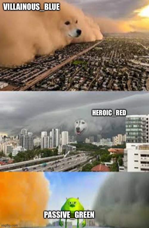 Doesn’t exist yet | VILLAINOUS_BLUE; HEROIC_RED; PASSIVE_GREEN | image tagged in doge cloud vs husky cloud | made w/ Imgflip meme maker