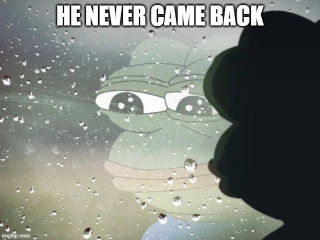 Pepe staring out the window | HE NEVER CAME BACK | image tagged in pepe staring out the window | made w/ Imgflip meme maker