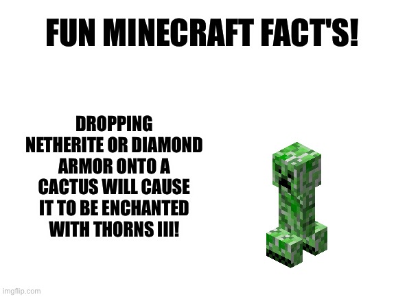 Blank White Template | FUN MINECRAFT FACT'S! DROPPING NETHERITE OR DIAMOND ARMOR ONTO A CACTUS WILL CAUSE IT TO BE ENCHANTED WITH THORNS III! | made w/ Imgflip meme maker