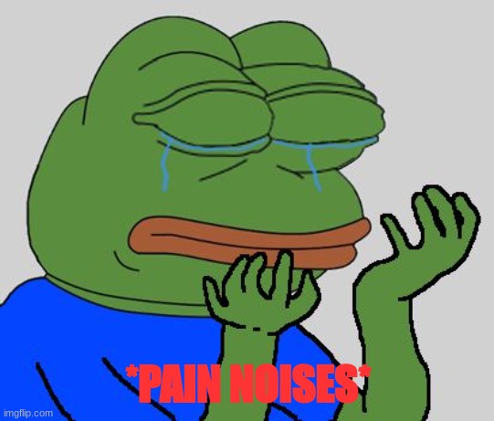 pepe cry | *PAIN NOISES* | image tagged in pepe cry | made w/ Imgflip meme maker